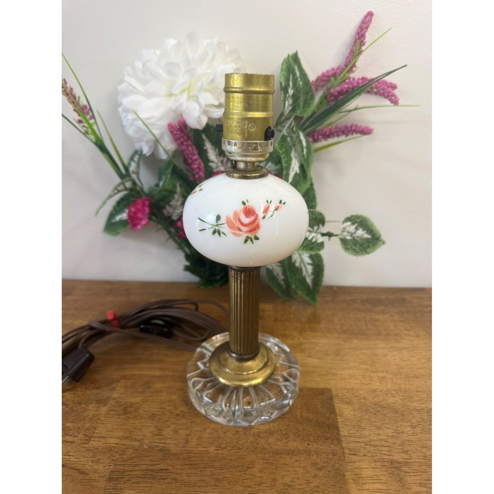 Vintage Hand-Painted Milk Glass‎ Mini Lamp Floral Globe Shade & Cut Glass Base